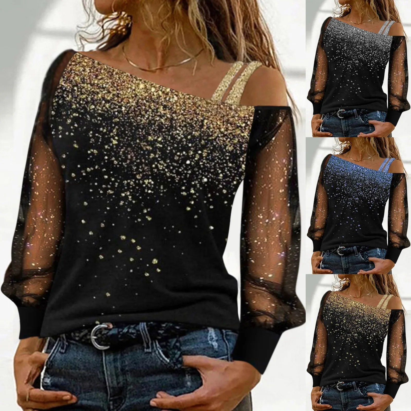 Fashion Sequin Mesh Blouse Shirt Loose Sexy One Shoulder Skew Collar Tops Casual Blouse Female Women Long Sleeve Blusas Pullover