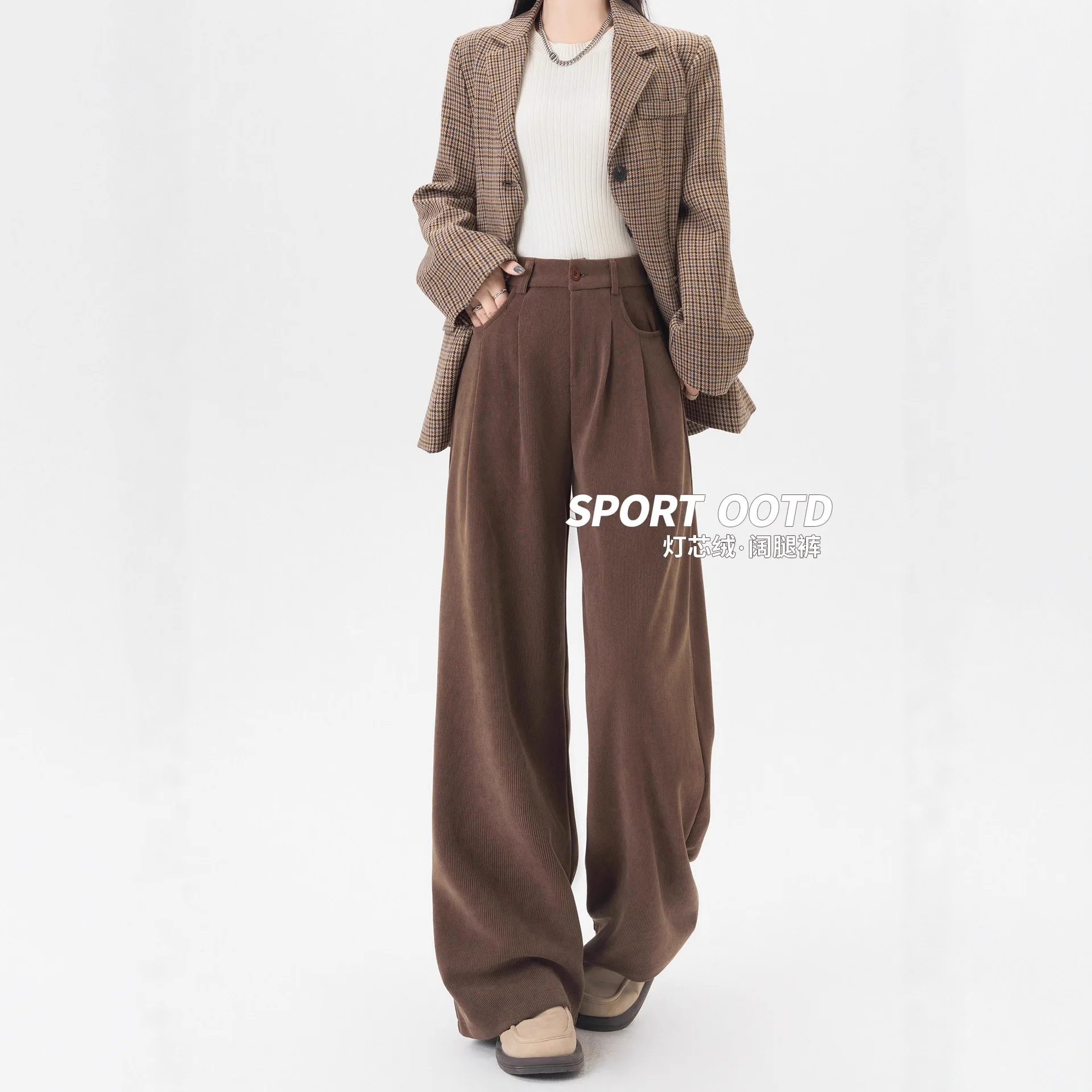 

Brown Chenille Corduroy Wide-Leg For Women, Autumn And Winter 2025 New Fleece-Lined High-Waisted Straight-Leg Suit Pants