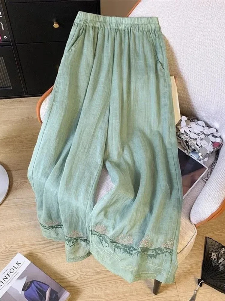 Cotton Linen Retro Loose Pant Women Casual Floral Embroidery Sweet Trousers Summer Vintage Streetwear High Waist Wide Leg Pants
