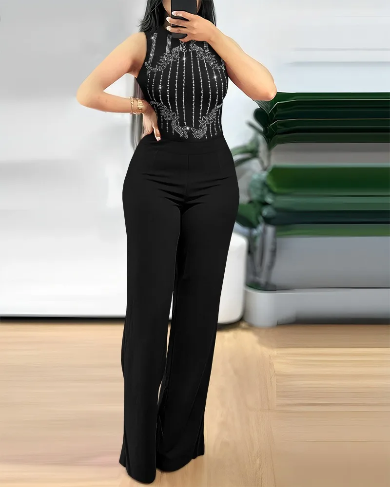 Lente dames jumpsuit strass ronde hals O-hals mouwloze jumpsuit casual losse pasvorm kantoor romper