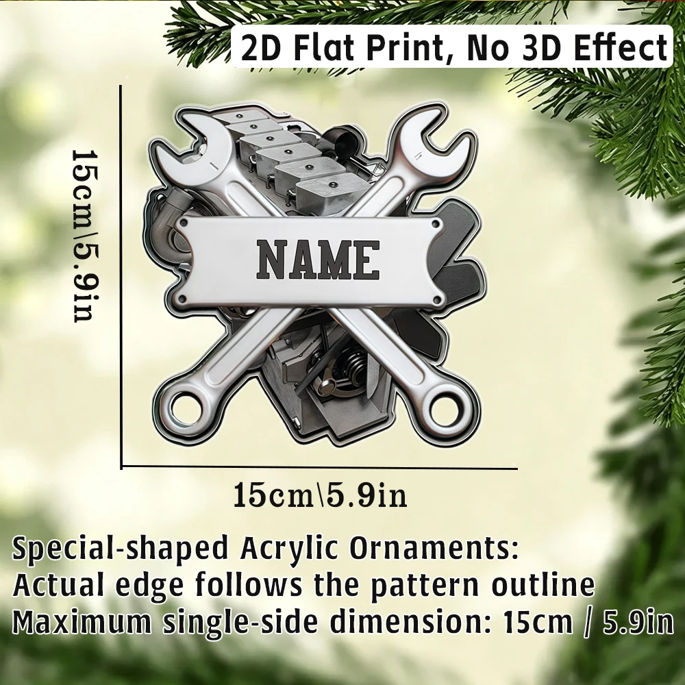 2D Flat‑Custom Name Irregular Acrylic Ornament,Cross Wrench Machinery Part Pattern,Xmas Tree Hanging Pendant Holiday Gift