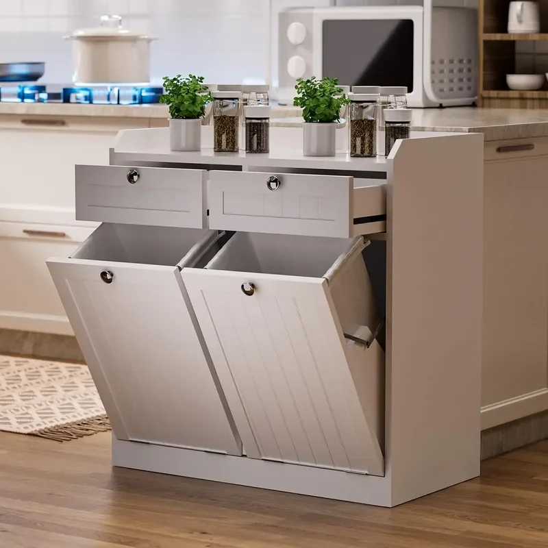2 x 8 Gallon Double Tilt Out Trash Can Cabinet Pull Out Trash Can Cabinet with Drawers Pet Proof Kitchen Trash Cabinet and