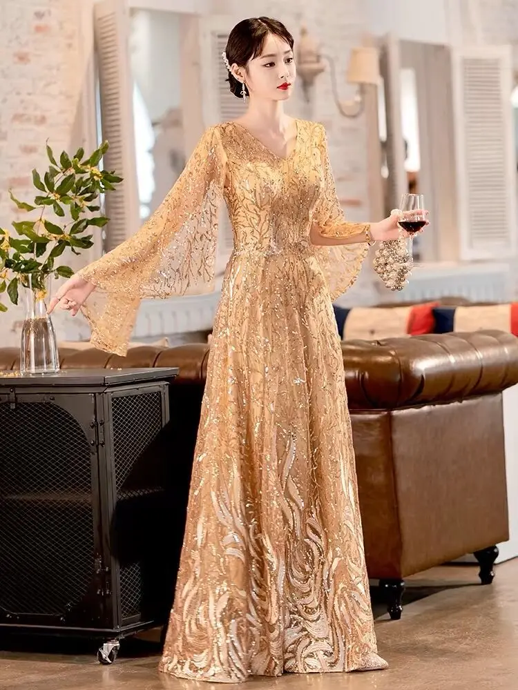 

Gold Sequined Evening Women's Elegant Light Luxury Host Art Exam Director Performance Dress Long