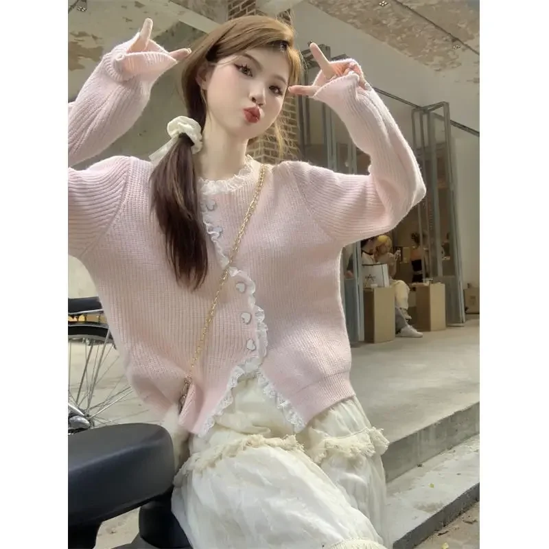 Korean Irregular Lace Patchwork Knitting Cardigan Coat Women Autumn Sweet All-match Sweater O-neck Solid Color Knitwear Tops