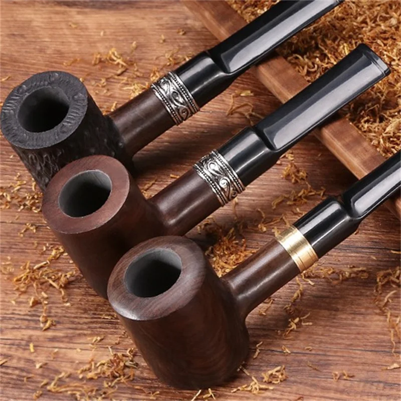 Ebony Wood 9mm Filter Flue Tobacco Pipe Retro Gentleman Bent Type Handle Handmade Smoking Pipe With Accessory Old Dad\'s Gift