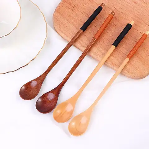 Chinese Style Eating Teaspoon Flatware Long Handle Tableware Spoons Coffee Spoon Soup Spoon Wooden Spoon