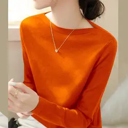 Sweet Flattering Round Neck Solid Color Pullover Long Sleeve Sweater Knitted Elegant Casual Screw Thread Women's Clothing Tops