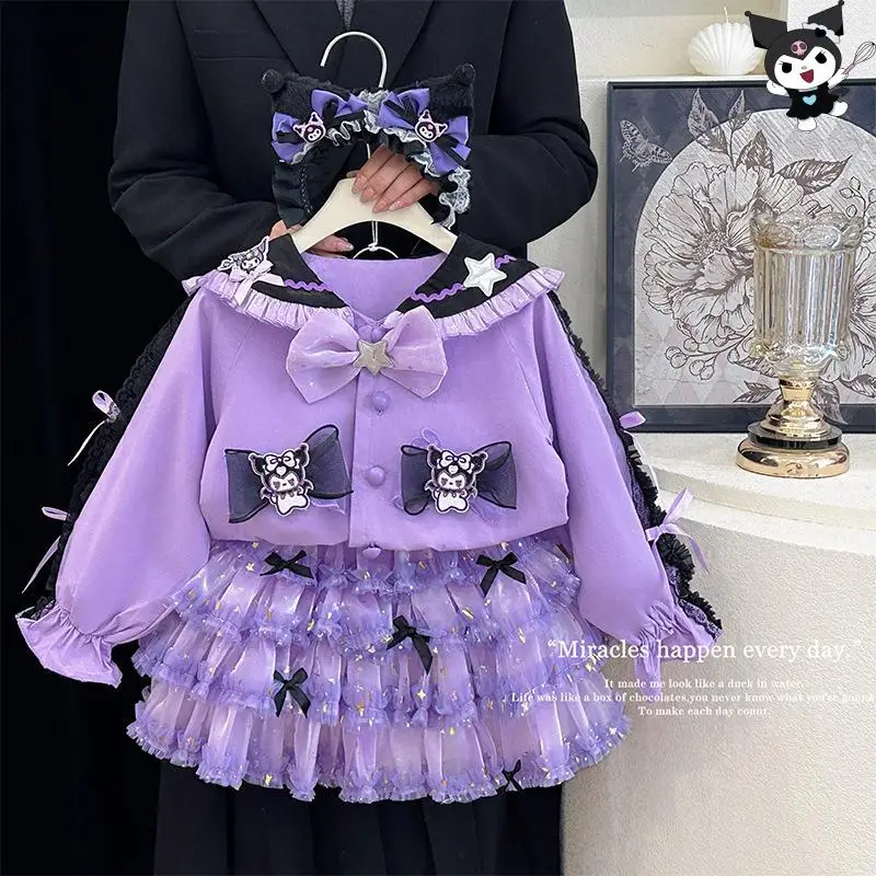 

Kuromi Kawaii Рубашка для девочек Лолита Юбка Костюм Sanrio Горячий мультфильм Аниме Весна Осень Новая мода Выпуклая юбка Повседневный комфортный подарок