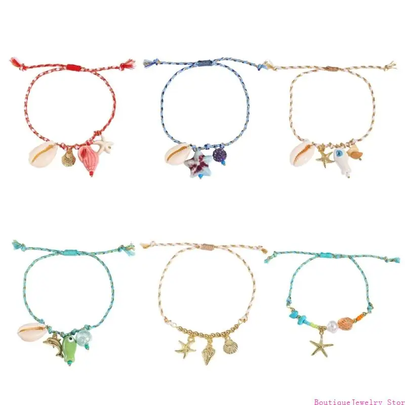 E1PE Oceanics Inspire Ceramic Bracelet Adjustable Braided Cord Jewelry With Shell Fish Charm Beach Accessory