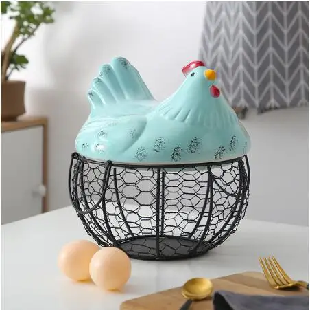 

Ceramic Iron Egg Basket Fruit Basket Garlic Potato Sundries Storage Box Kitchen Ceramic Hen Storage Decorative Accessories