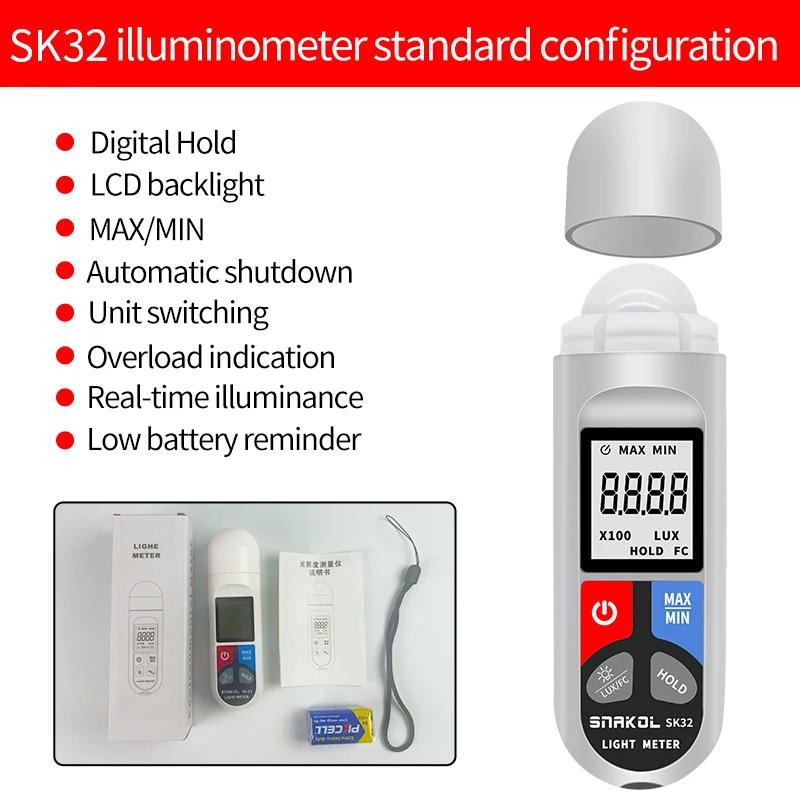SNAKOL SK32 Luxmetro digitale ad alta precisione 200.000 LUX Ampia gamma Unità automatica Commutazione Funzione di mantenimento dei dati Display retroilluminato