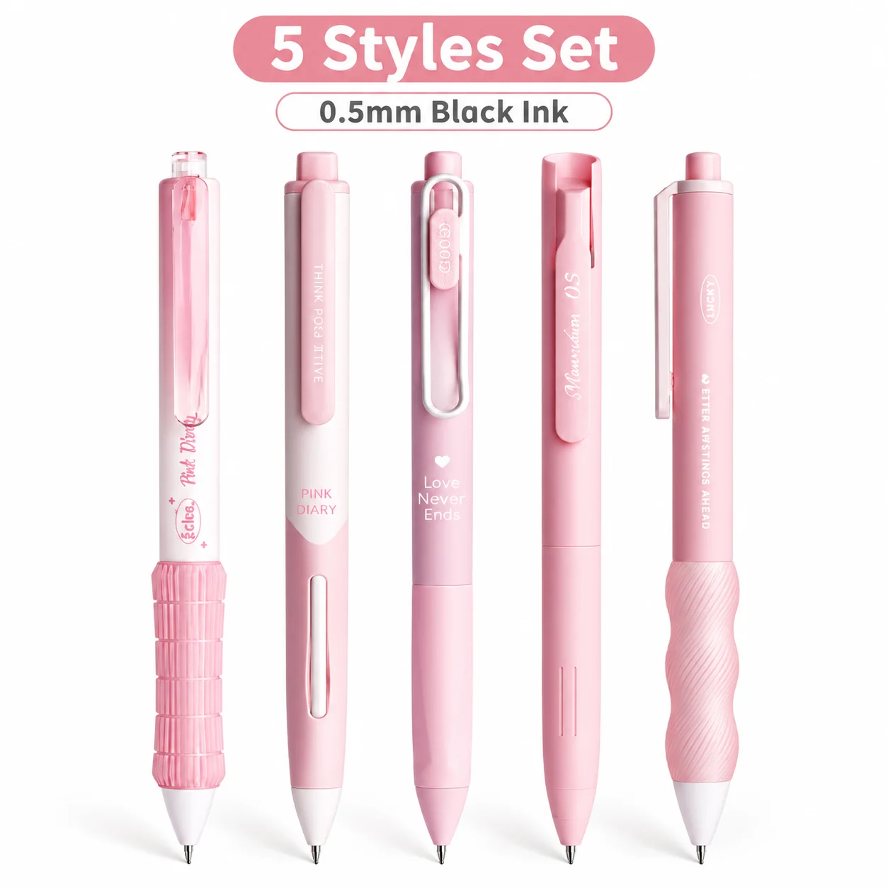 5PCS Pink Retractable Gel Pen Set 0.5mm Black Ink Fine Point Writing Pens for Planner Journal School Office Stationery