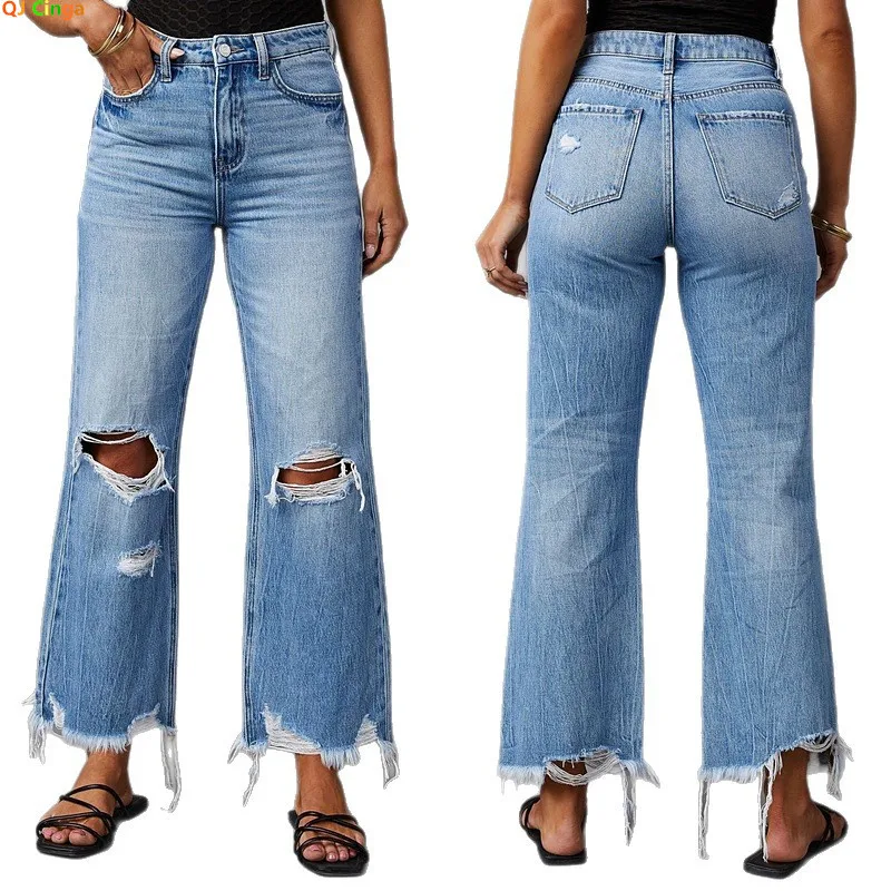 New 2026 Summer Collection: Women's Blue High-Waisted Jeans, Fashionable Ripped Wide-Leg Pants.