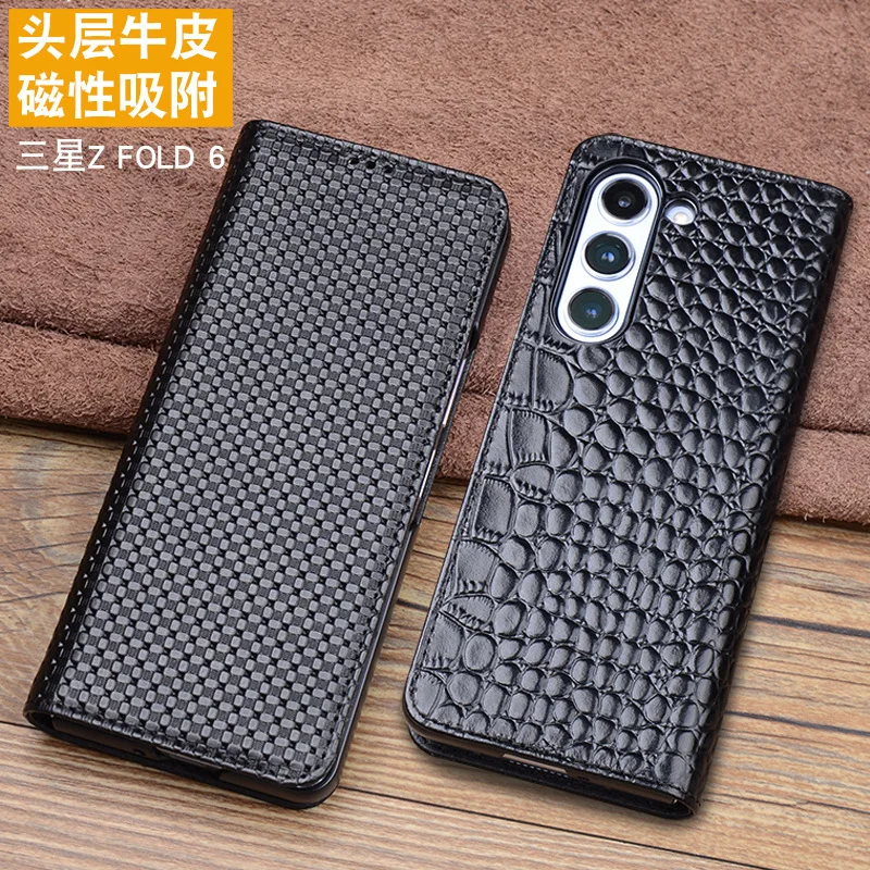 Wobiloo Luxury Real Cowhide Genuine Leather Flip Phone Cases For Samsung Galaxy Z Fold 6 Fold6 Hell Full Cover Pocket Bag Case