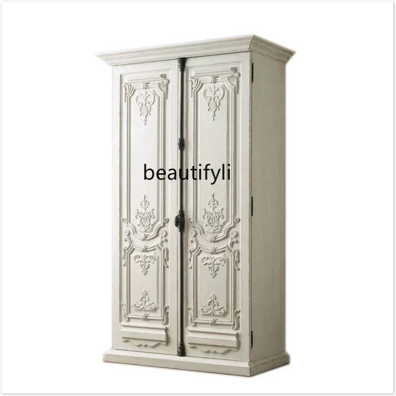 

Solid wood carving flower wardrobe American country antique white wardrobe French antique carving cabinet