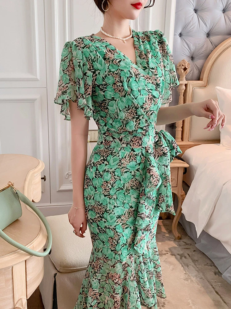 Urlaub Lange Kleider für Frauen Süße Elegante Chiffon Kurzarm Rüschen Gürtel Fischschwanz Robe Party Straße Urlaub Vestido Mujer