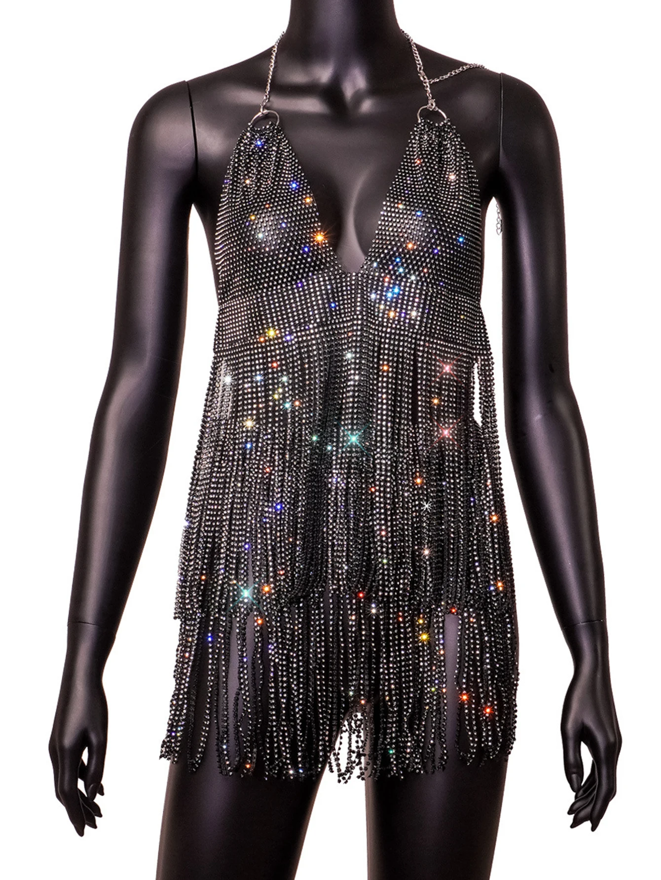 Sexy durchsichtiges Strass-Sommerkleid für Damen, Club-Geburtstagsparty-Kleider, schwarzes Mini-Fischnetz-Strandkleid, Sets, Vestidos