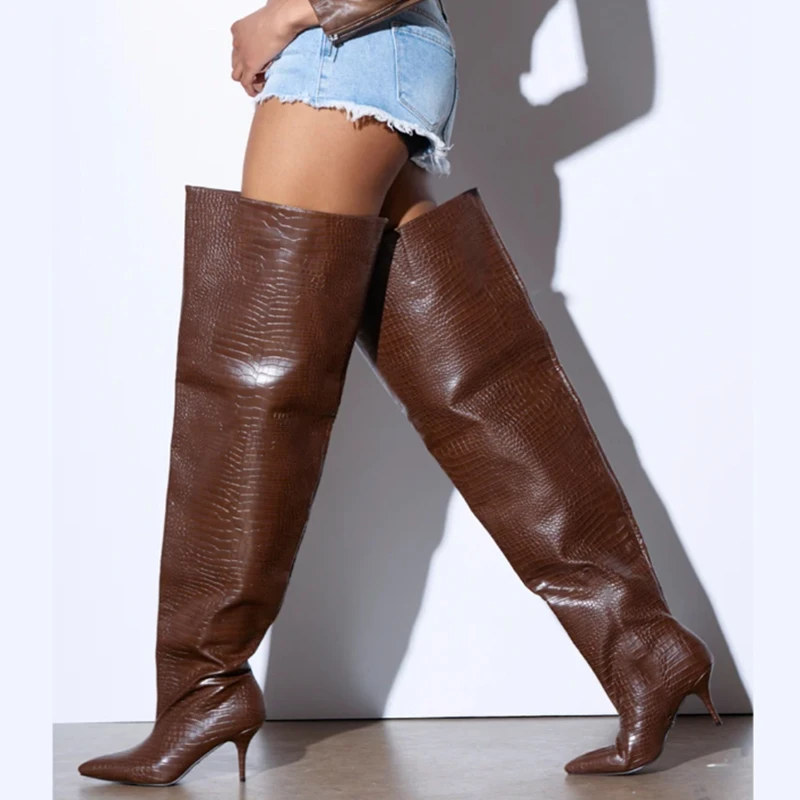 

Loose Thigh High Boots Brown Black Snakeskin Printed Leather Pointed Toe Cover Heels Over The Knee Boots Women Modern Shoes