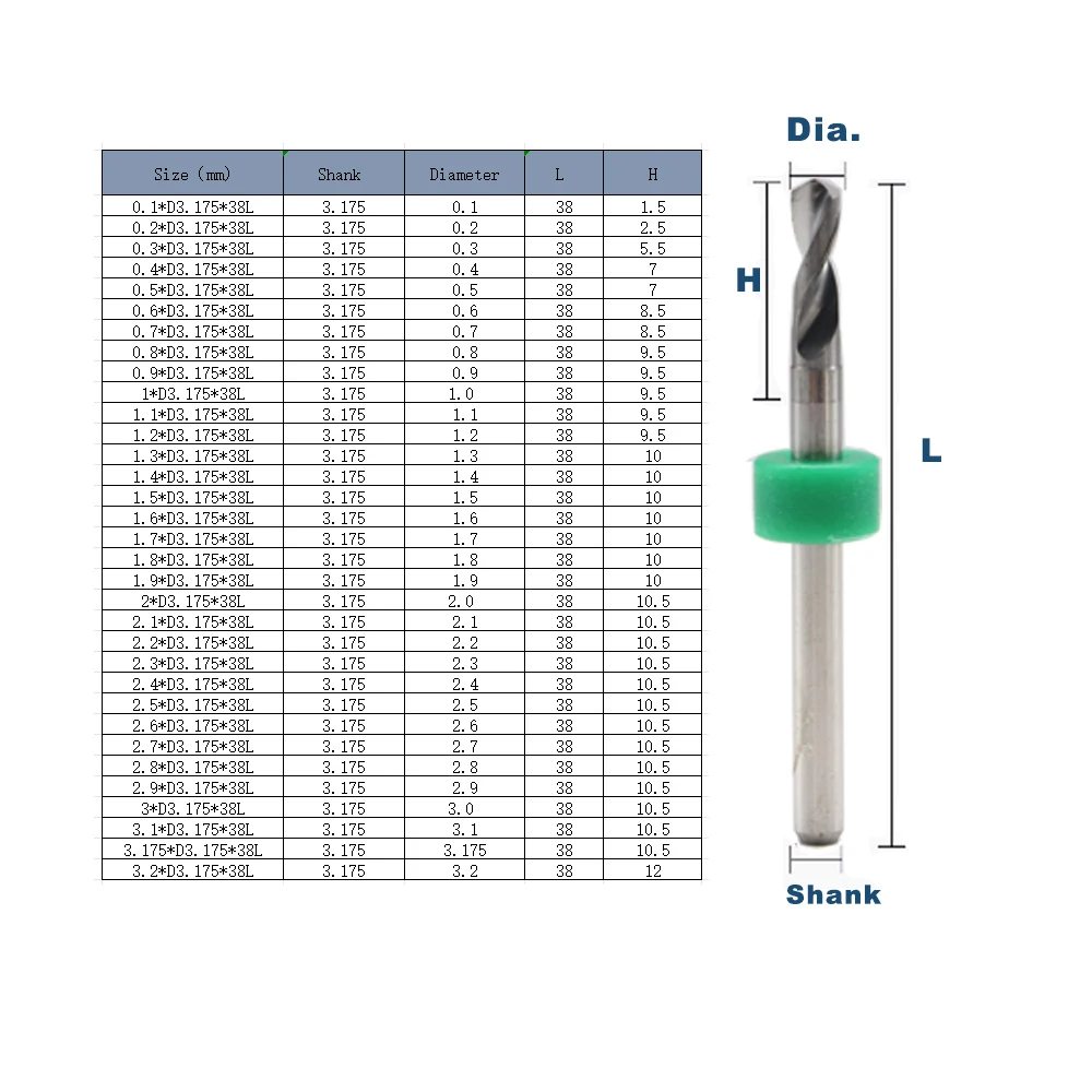 GYKKU 10Pcs/lot 3.175 Shank Carbide PCB Drill Bits Set CNC 1/8''Micro Drilling Bit 0.1-3.2mm For Print Circuit Board Plastics