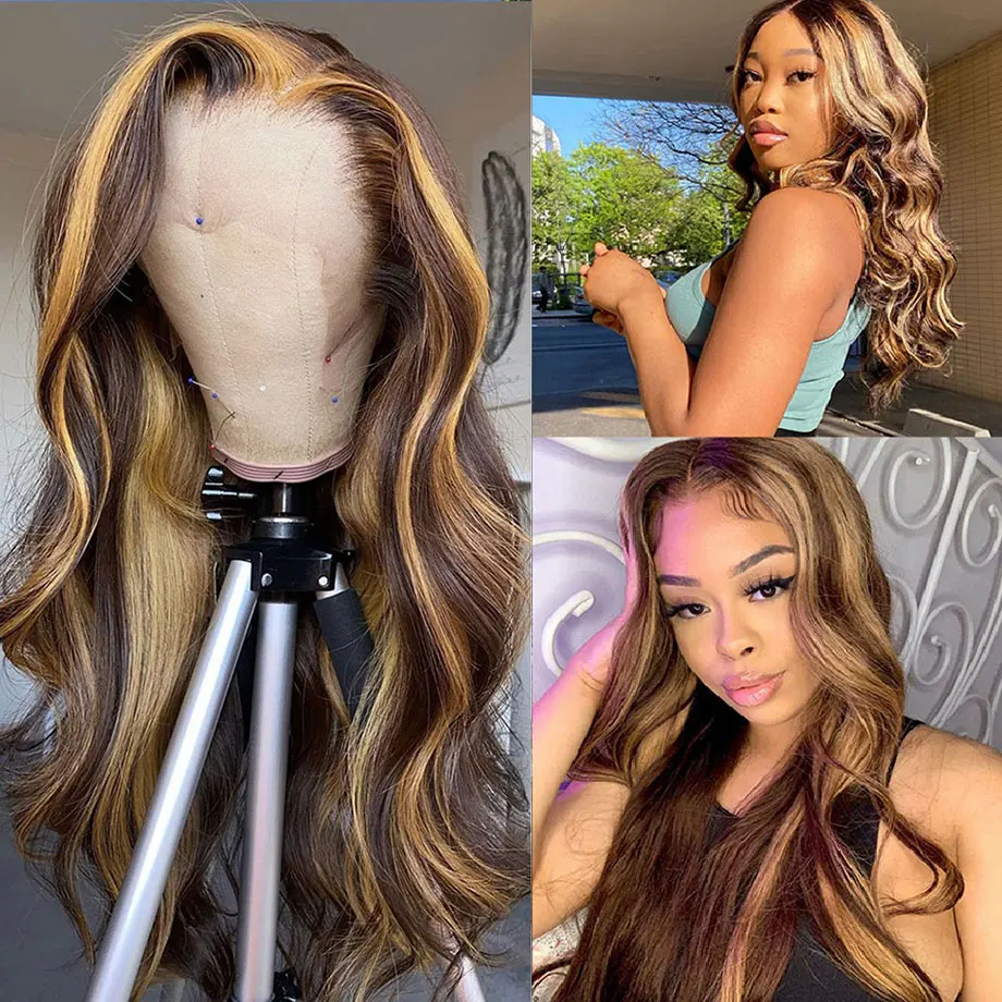 

Highlight Black Brown Body Wave Transparent 13x4 Lace Frontal Wig 200 Density Brazilian Colored Human Hair Wig For Women