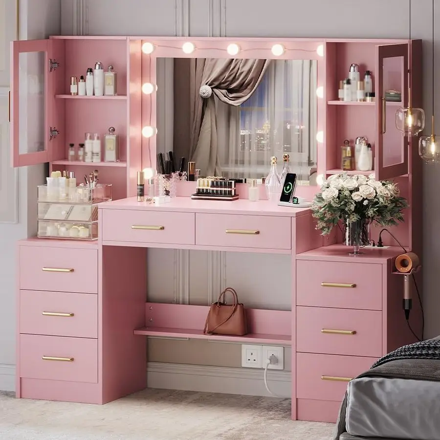 

58.3 Makeup Vanity Desk with Charging Station, Pink Makeup Dressing Table with Mirror Lights, 3 Lighting Modes Adjustable Brigh