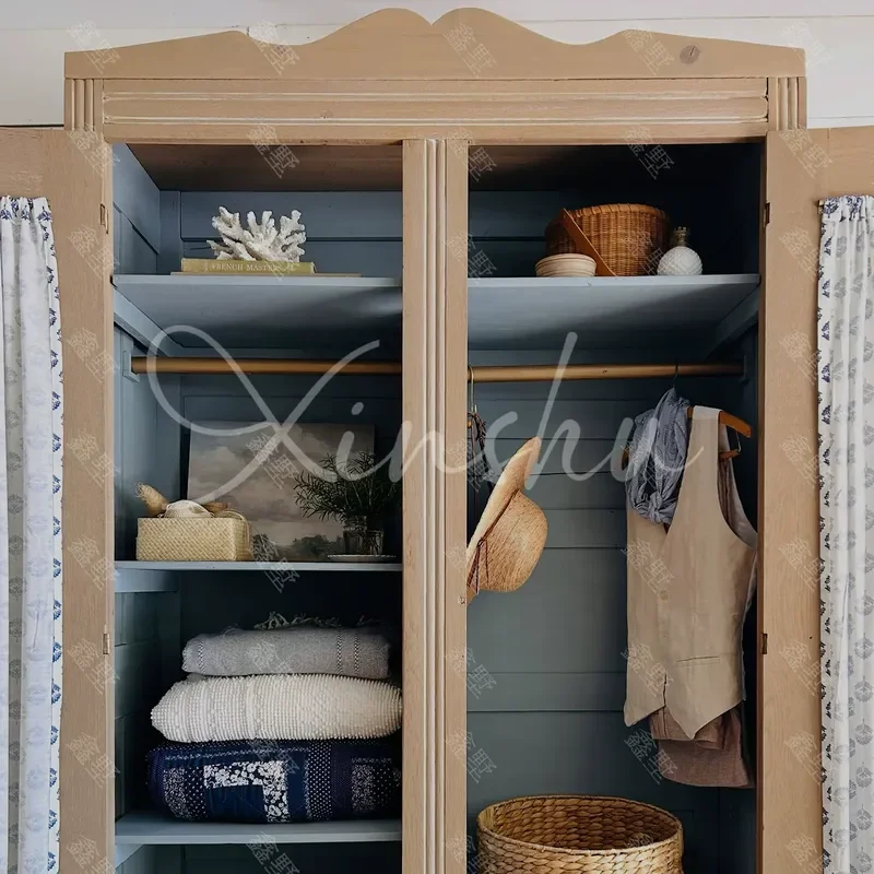 Retro Solid Wood Double Door Wardrobe with Floral Fabric Curtain Bedroom Independent Storage Cabinet