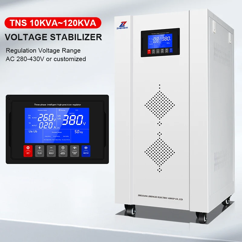 Display LED Cerdas tiga fase Servo Motor Regulator voltase 380V 400V 480V 440V 60KVA 80KVA 100KVA stabilizer tegangan