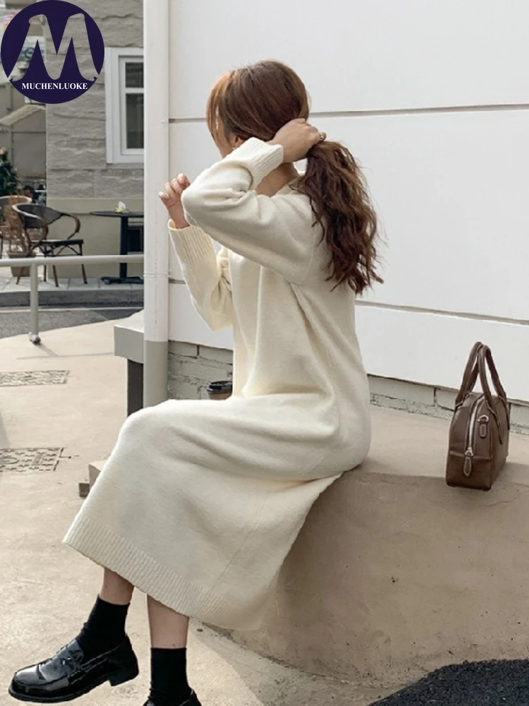Vestidos femininos elegantes outono inverno estilo preguiçoso gola polo camisola de malha vestido coreano moda casual solto vestidos quentes