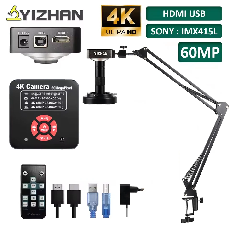 YIZHAN 4K 60MP Digitalmikroskop zum Löten, 1080P HDMI USB Videomikroskop, IMX415L Sensor, 1-150X C-Mount-Objektiv, Gelenkarm, 5-100 cm Arbeitsabstand