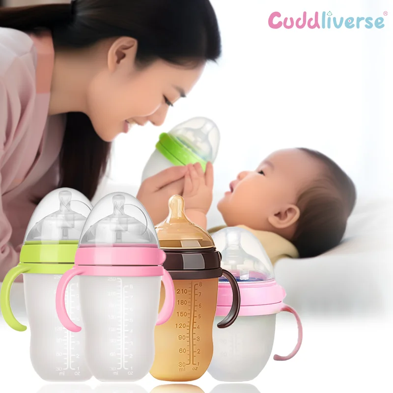 0-36 months baby nano silver anti-drop anti-colic silicone bottle 240ml 150ml with handle imitation breast milk design