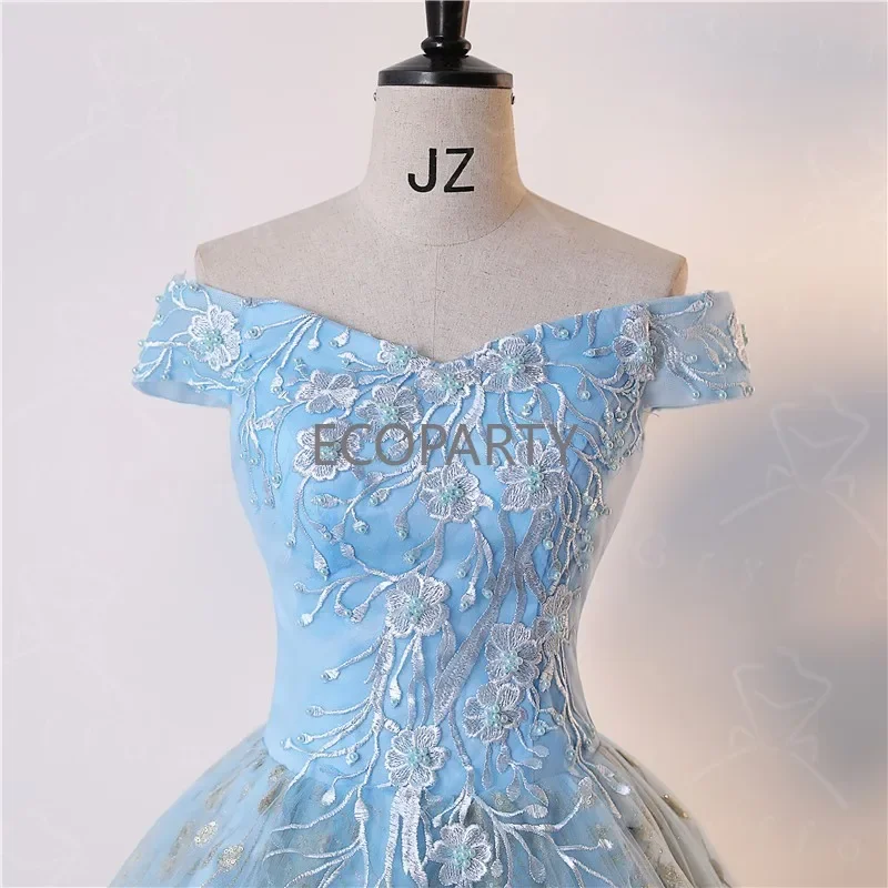 Women\'s Princess Dress Adult Evening Party Dress Embroidered Strapless Off Shoulder Light Blue Dress Women Fluffy Skirt Gown