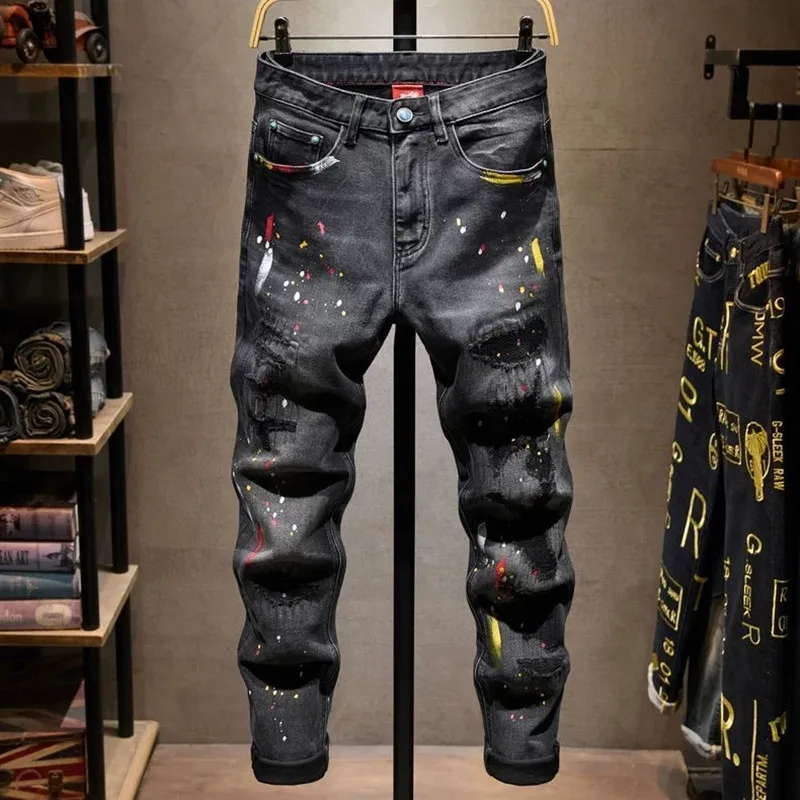 Autumn and Spring New Fashion Trend Printed Straight Leg Ripped Jeans Men's Casual Slim Fit Sports High Quality Denim Pants