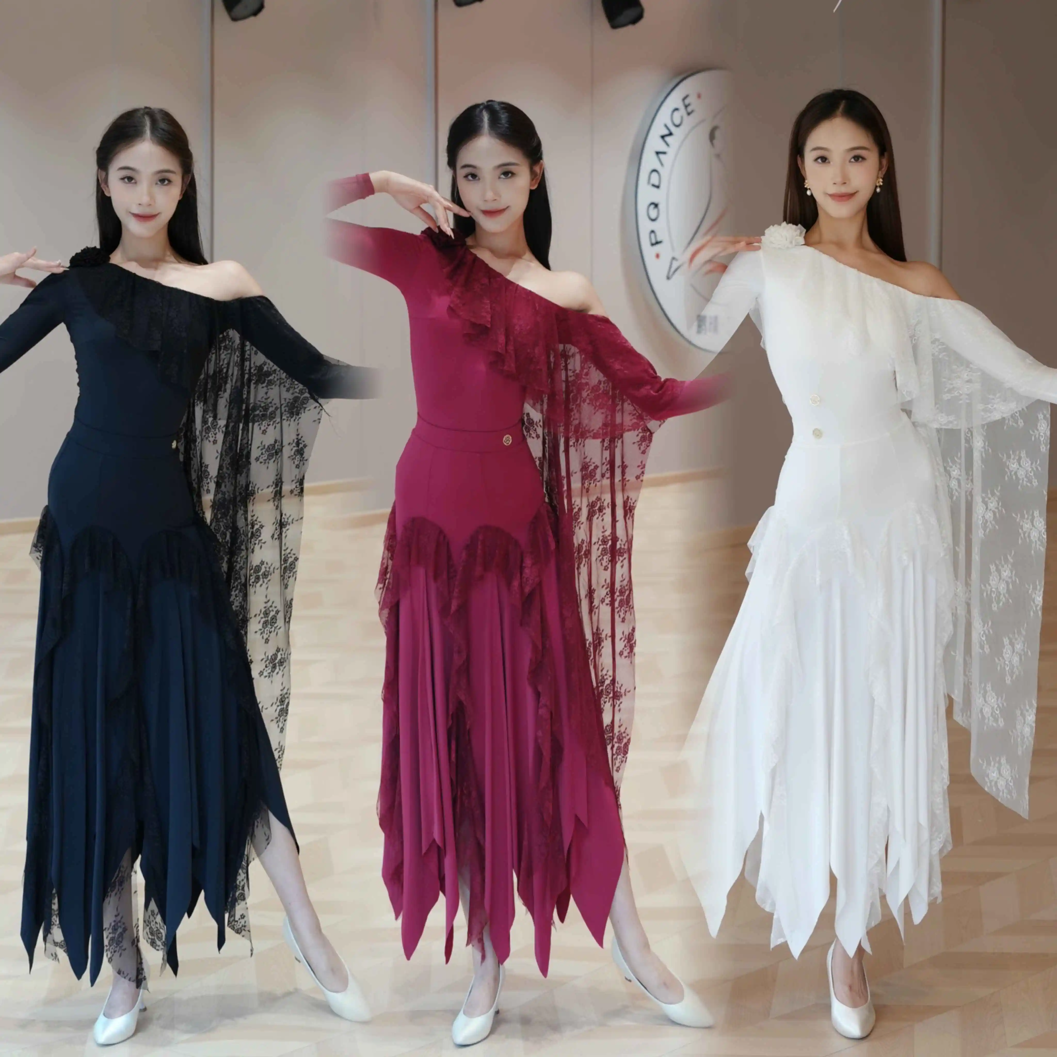 

Одежда для бальных танцев 2025: белые кружевные топы с длинными рукавами, длинная юбка, женский танцевальный костюм для вальса, платья для соревнований L17012