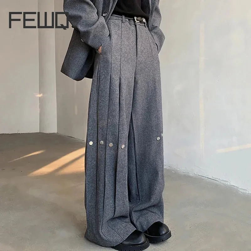 FEWQ Niche Deconstruction Loose Men Pants 2024 Pleated Solid Color Wide Leg Male Trousers Korea Fashion Male Tops 24E2837