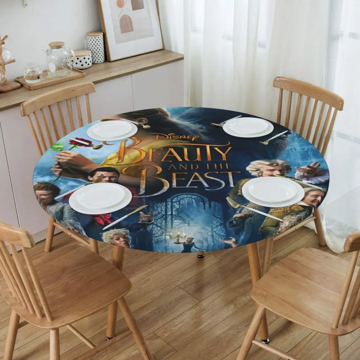 Disney Beauty And The Beast Tablecloth Round Elastic Waterproof Fantasy Song And Dance Movies Table Cloth Cover for Dining Room