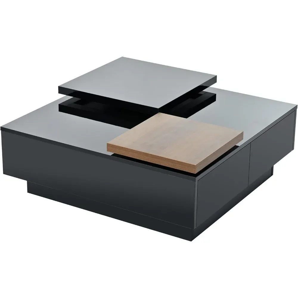 

Square Coffee Table with High Gloss Finish and 4 Hidden Drawers for Living Room Storage