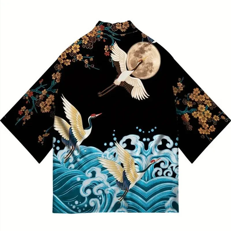 ثوب الكيمونو الياباني سترة يوكاتا الساموراي رجل إمرأة كرين طباعة قميص الشاطئ Haori Harajuku Obi النمط الصيني ملابس الشارع الآسيوية 5XL #6