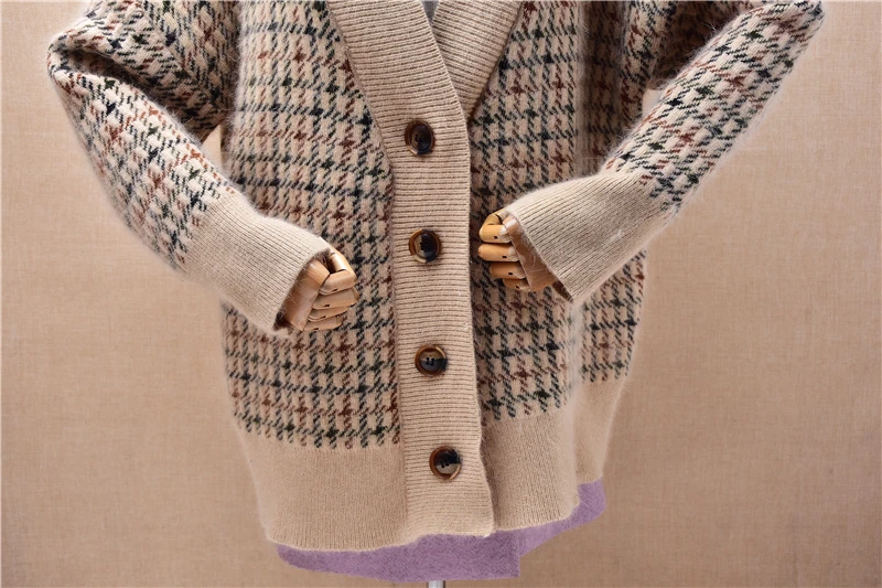 Frauen Mujer Herbst Winter Dicke Warme Plaid Haarigen Angora Kaninchen Haar Gestrickte V-ausschnitt Mit Langen Ärmeln Lose Strickjacken Pullover Jacke