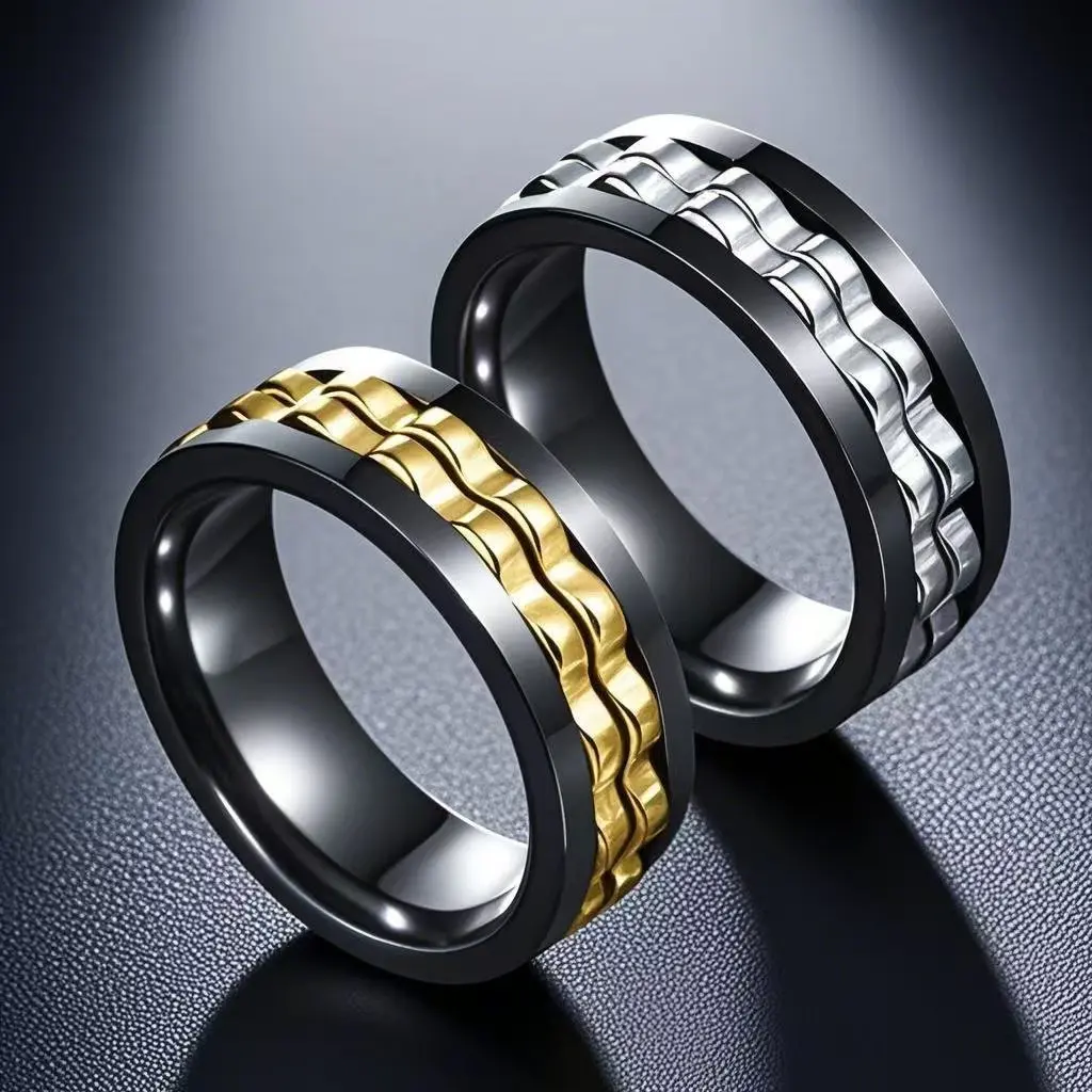 Anti Stress Punk Stainless Steel Ring For Men Gear Chain Rotating Anxiety Relief Spinning Fidget Rings Rock Fashion Jewelry 6-13