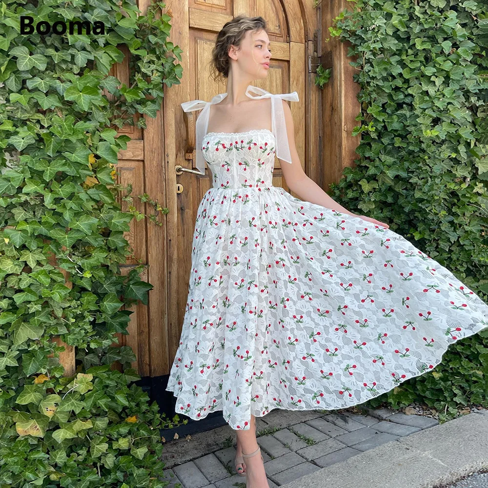 

Booma Cherry Lace Midi Prom Dresses Sweetheart Bow Straps Tea-Length A-Line Wedding Party Dresses with Pockets Short Prom Gowns