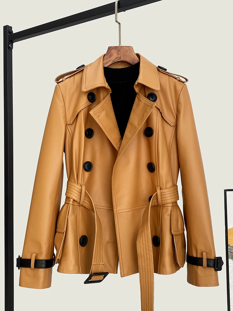 2025 Autunno Genuino Giacca di pelle di pecora in pelle Moda donna Cappotto in pelle doppio petto casual legato in vita Arancione Taglie forti