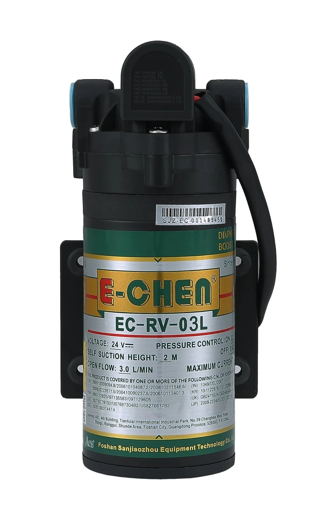 E-chen EC-RV-03LF Electric Diaphragm Pump 24V DC 3L/Min High Pressure RV Water Pump 0.45MPa (65psi) Self-priming Pump Suction 2m