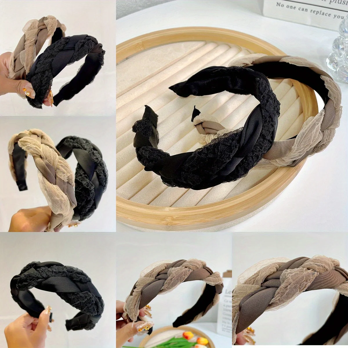 

Korean Style Wide Headband Silk Lace Gauze Multi-Layer Cross Knot Design Solid Braid Headwear for Women Wedding Party