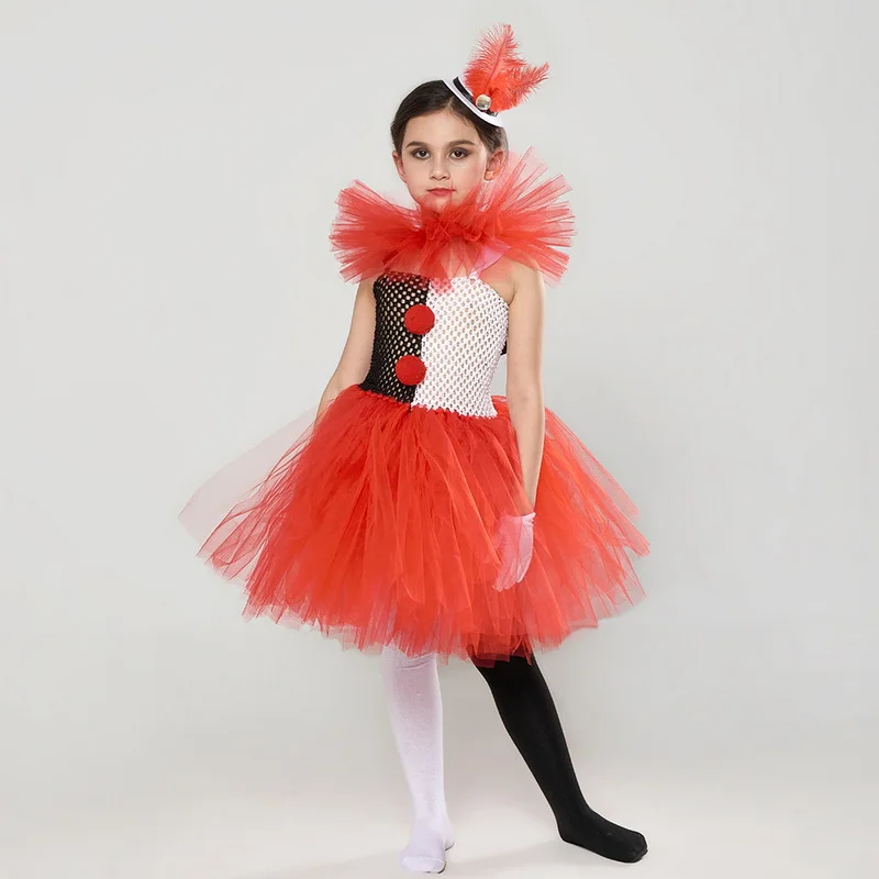 Fato de palhaço Halloween feminino, traje cosplay de conto de fadas, colarinho arco-íris, vestido tutu com chapéu, festa de carnaval