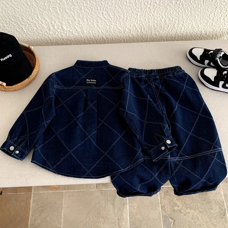 Boys Suit 2026 Spring and Summer New Childrens Clothes Korean Style Boys and Girls Handsome Grid Cowboy Two-piece Set