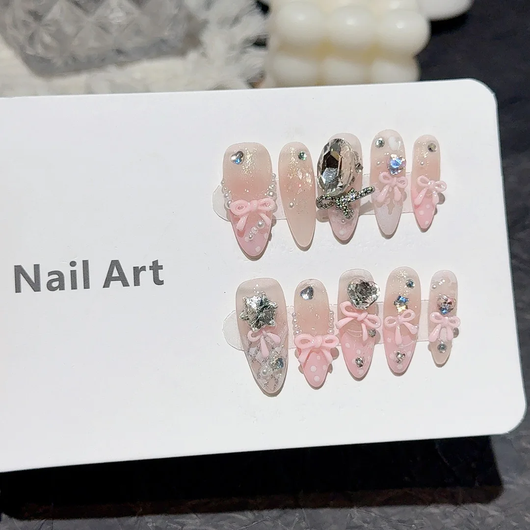 

10pcs Handmade Fake Nails with Love Star Crystal Design Press on Nails Wearable Sweet Pink Bow Decor Korean Fake Nail Tips