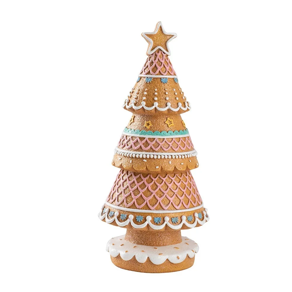 Árbol de pueblo de Navidad de pan de jengibre de resina simulado con polvo brillante adorno de árbol de Navidad estatuilla de árbol de Navidad pintada a mano