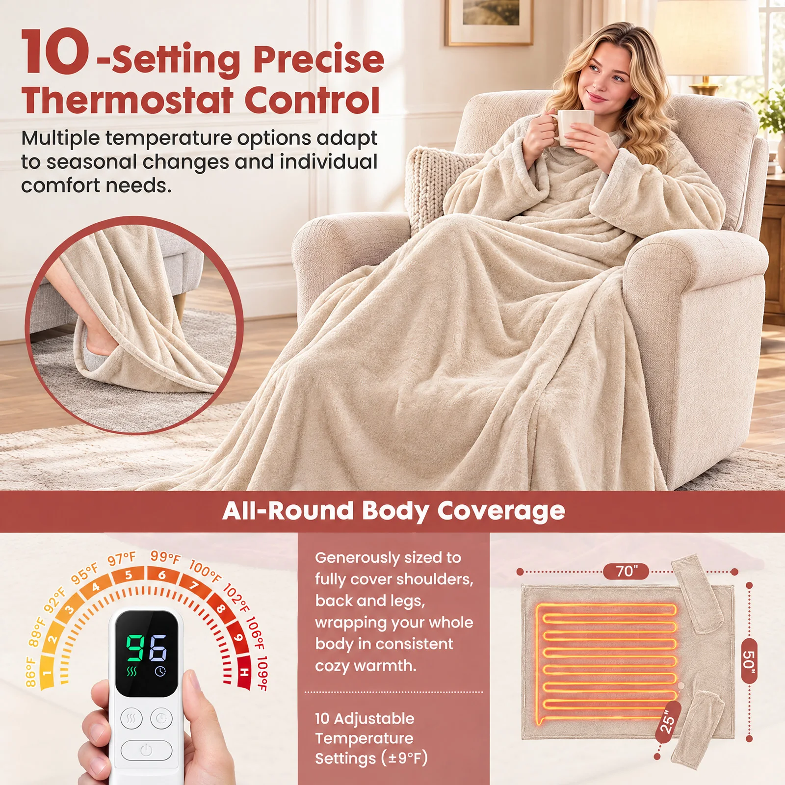 JHK Wearable Electric Blanket with Sleeves Dual-Layer Flannel Hands-Free Full-Body 10 Heat Settings Triple Electrical Safety Protection Auto Shutoff Timer And Machine Washable For Home