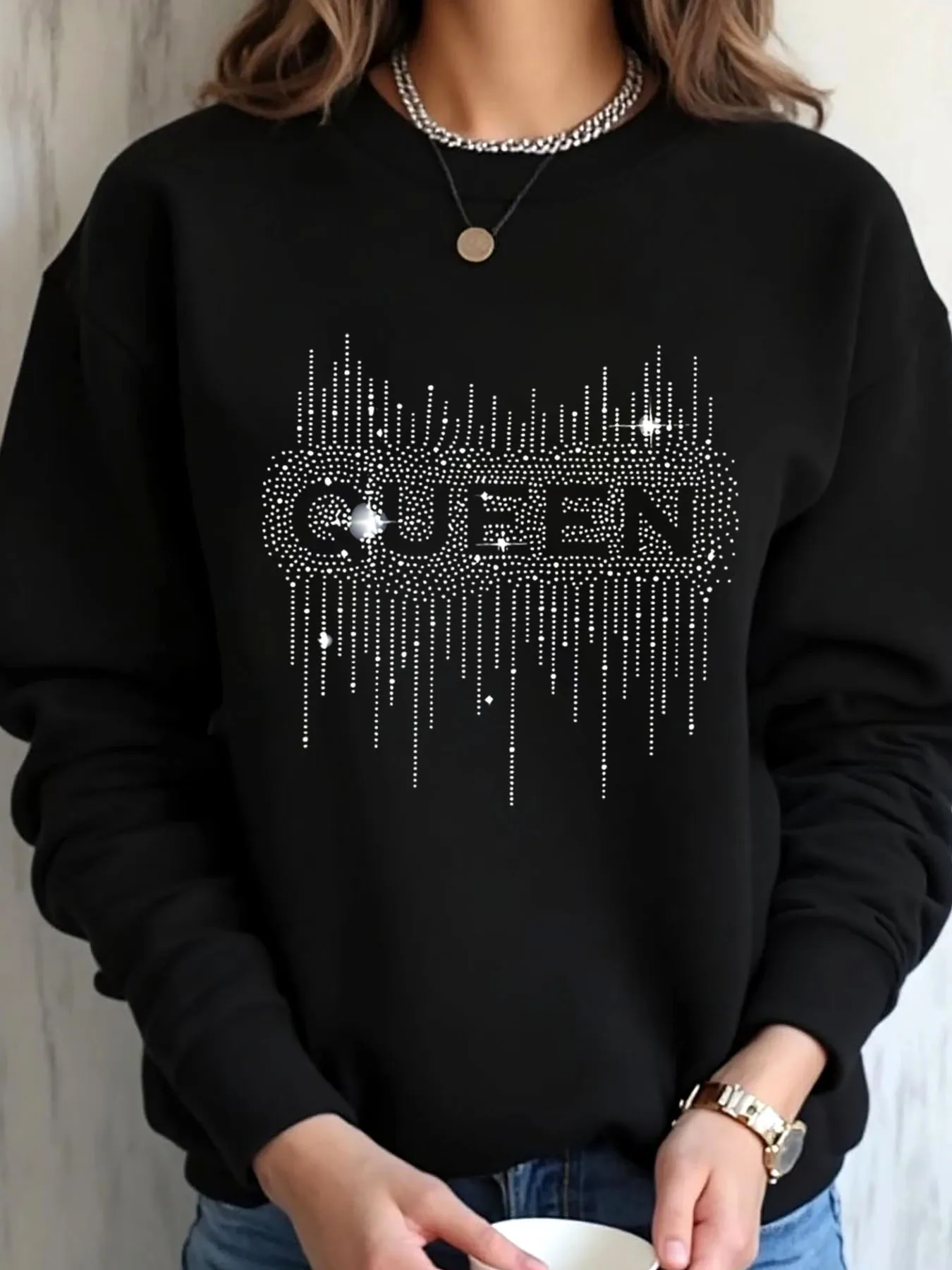 Women Oversized Sweatshirt Christmas Queen Rhinestone Print Outdoor Wear