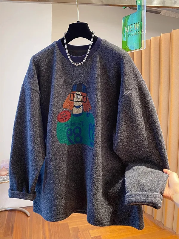 

Extra Large 240lbs American Retro Long Sleeve T-Shirt Women's Autumn Winter Loose Deep Grey Velvet Warm Inner Wear Base Shirt